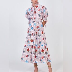 Hunter Bell Holloway Midi Dress Floral Garden Flowers Seed Packet Stripe Red